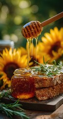 Honey being poured onto bread with sunflowers in background