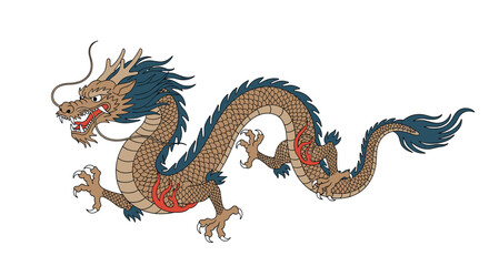 Obraz premium A detailed illustration of an ancient oriental dragon in mid-flight with flowing mane and serpentine body.