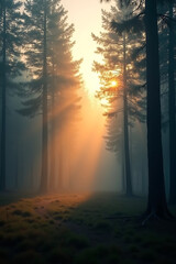 Fototapeta premium Sunbeams pierce through the misty forest, illuminating the ground and tall trees in a serene, natural scene.