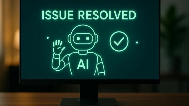 Computer screen with glowing green sign reading ISSUE RESOLVED, featuring friendly robot illustration, showcasing technology and successful problem