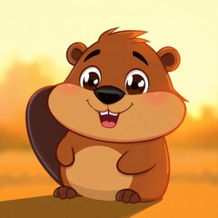 Obraz premium Charming cartoon beaver smiles happily in a sunny landscape at dusk, bringing joy and warmth to a peaceful scene