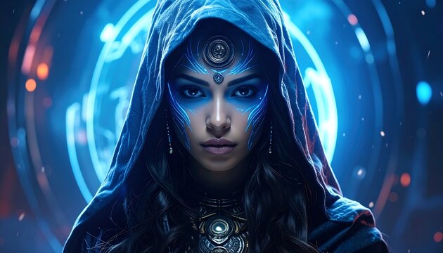 Woman in blue hooded cloak, futuristic