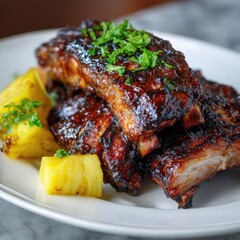 Glazed ribs with pineapple chunks on a white plate