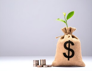 A burlap money bag with a dollar sign and a small green plant growing from the top, symbolizing financial growth and investment, on a light background.