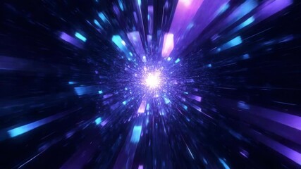 Abstract purple and blue light shards and particles exploding outwards from a bright central core, signifying a hyperspace jump or wormhole travel 4k video - Powered by Adobe