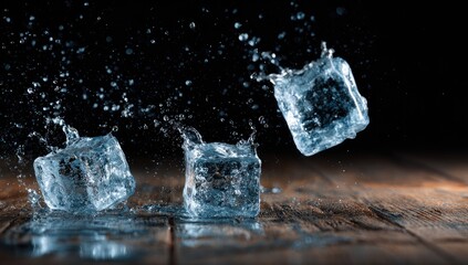 Splashing ice cubes dance on wood. Dark background