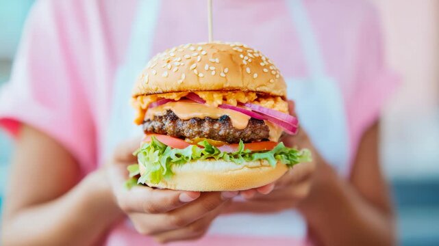Hand holding freshly prepared stacked burger with grilled patty, vibrant vegetables, and special sauce on toasted bun
