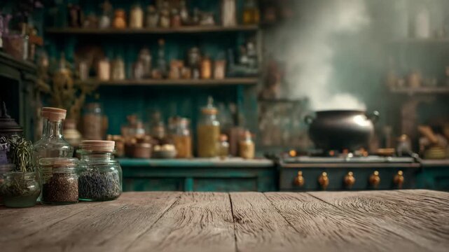 Black cauldron with steam on stove , rustic table of glass jars with herbs and spicy in dark green cozy witch kitchen. concept of halloween, table top decoration, cafe.