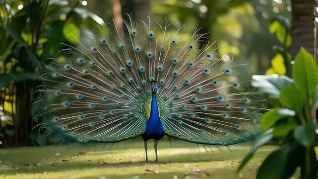Realistic Peacock Displaying Colorful Tail Feathers in Natural Garden with Smooth Cinematic Motion Video