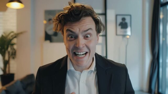 Captivating close-up of man's face contorted in extreme, wide-eyed grin of ecstatic surprise or delightful madness, with unruly hair and business attire