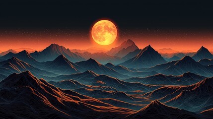 Abstract line art of mountains and golden moon, Chinese style vector illustration for luxury wall decoration 
