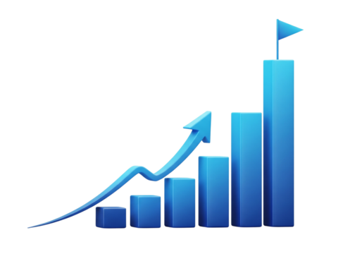 3D Blue Growth Bar Chart with Rising Arrow and Success Flag on White transparent png