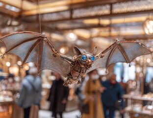 Steampunk bat craft hangs against a blurred market scene