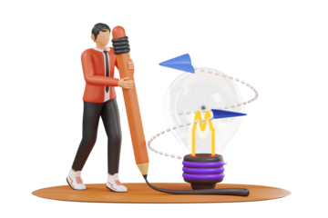 Stylized Male Figure In Red Jacket Holding A Giant Pencil Near A Glowing Lightbulb Symbolizing Creative Idea Generation And Innovation Against A Transparent Background