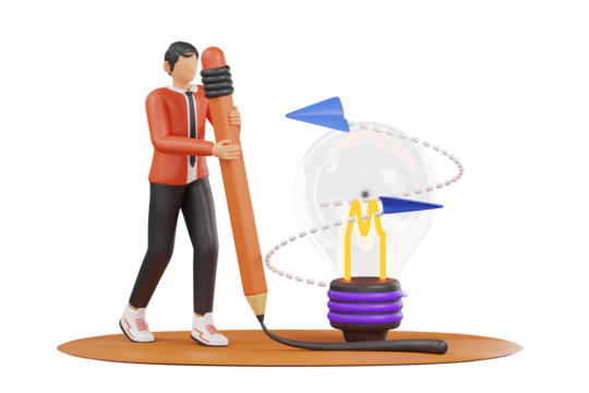 Stylized Male Figure In Red Jacket Holding A Giant Pencil Near A Glowing Lightbulb Symbolizing Creative Idea Generation And Innovation Against A Transparent Background