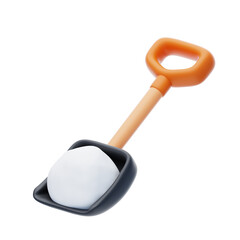 Orange and black shovel with a snowball in the scoop on a transparent background with soft lighting