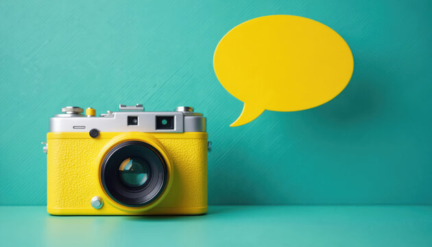 Bright yellow retro camera sits next to blank yellow speech bubble. On vibrant turquoise background. Modern graphic suggests fun photo tips, contest announcements, creative ideas, sharing info about