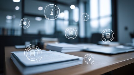 A modern workspace featuring documents and digital icons representing data management, emphasizing productivity and technology.