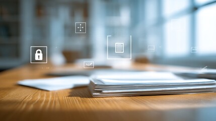 A modern workspace featuring stacks of documents with digital icons representing data and security overlaying a wooden desk.