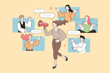 Managing an online community or leading a virtual team meeting. A woman with a megaphone communicates with a group of people in web windows, illustrating engagement and digital collaboration.