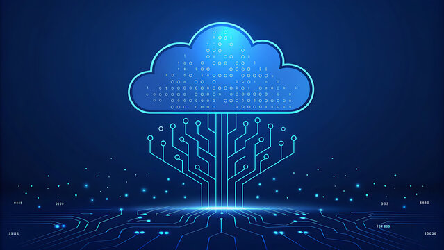 Cloud Computing Concept &ndash; Binary-Filled Blue Cloud with Circuit Connections on Futuristic Background