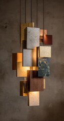 Squares hang, lit, varied textures, rustic chandelier