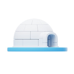 White igloo structure made of ice blocks with a blue base on a transparent background illuminated by soft studio lighting