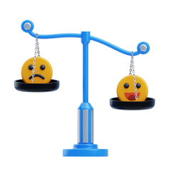 Blue balance scale weighing a sad yellow emoji against a happy yellow emoji illustrating decision...