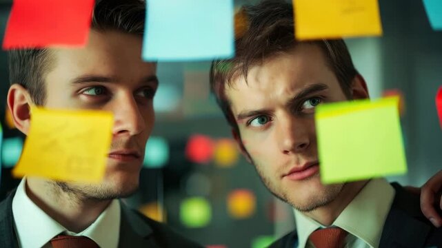 Intense collaboration: Colleagues intently examining bright organizational memos on transparent board in dynamic workspace