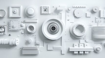 Fototapeta premium A minimalist arrangement of various white geometric shapes and mechanical components, creating a modern aesthetic.