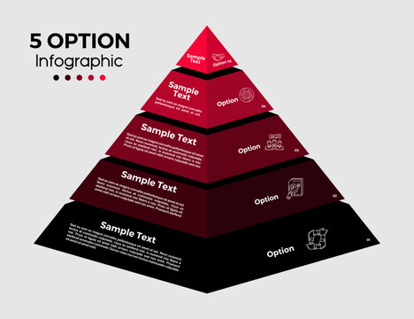 Infographic template with a pyramid triangle vector shape, with 5 information options, suitable for web, posters, business communications and business reports.