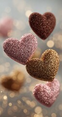 Sparkly hearts float against blurred, bokeh-lit background