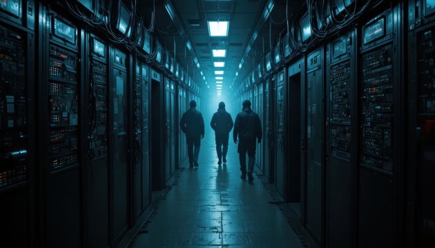 A dark corridor lined with server racks, featuring three silhouetted figures walking towards a dimly lit end, creating a mysterious atmosphere.