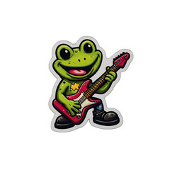 Cartoon frog playing electric guitar with a happy smile Funny amphibian musician character in rock and roll style Concept of music, entertainment, and humor