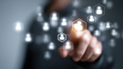 A person interacts with digital icons representing social connections, symbolizing networking and digital communication.