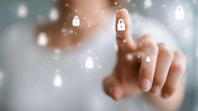 A person"s hand touches a digital lock icon, symbolizing security and cybersecurity in the digital age. - Powered by Adobe