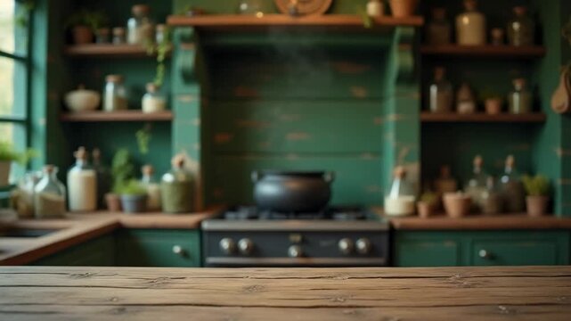 Black cauldron on stove with steam, herbs in glass jar on shelves and rustic table in dark green cozy witch kitchen. concept of halloween, table top decoration, cafe.
