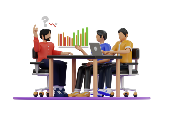 Three Diverse Business People Collaborating Around a Table Discussing Business Solutions with Financial Growth Charts and a Laptop on a Transparent Background