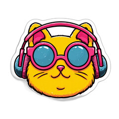 Cartoon yellow cat wearing pink glasses and headphones, enjoying music Concept of cool animal, fun, and modern lifestyle
