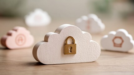 A decorative cloud-shaped object with a padlock symbolizes cloud security and data protection, surrounded by similar cloud designs in soft colors.
