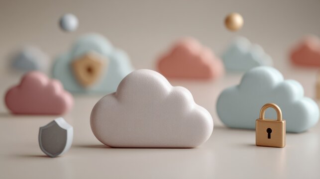 A collection of stylized cloud shapes in pastel colors, with a padlock and shield, symbolizing cloud security and data protection.