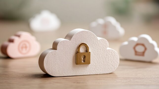 A decorative cloud-shaped object with a padlock symbolizes cloud security and data protection, surrounded by similar cloud designs in soft colors.