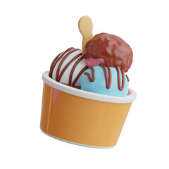Three Scoops Of Ice Cream In A Cup With Chocolate Syrup And Drizzle On A Transparent Background