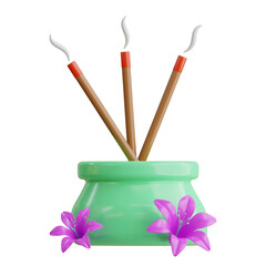 Three lit incense sticks smoldering with white smoke rising from a light green ceramic holder adorned with two purple flowers on a transparent background
