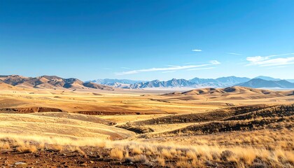 A sunny panoramic view of a vast, arid landscape under a bright, clear blue sky. Rolling hills, distant mountains, and golden grasses