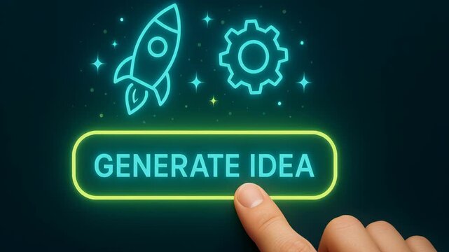 Hand Touching Glowing Button to Generate Data and ID with Rocket and Gear Icons, Showcasing Innovation and Technology in Action