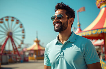 Content Indian man in sunglasses smiles at amusement park. He wears light blue polo shirt on bright sunny day. Ferris wheel, colorful carnival tents are visible. He enjoys leisure time at fairground.