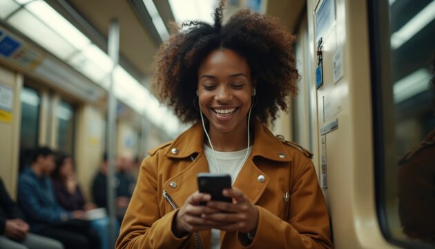Young Black woman smiles using smartphone with wired earphones in busy subway train. Enjoys mobile tech on daily urban commute. Passenger connects with device during busy travel time, finding joy,