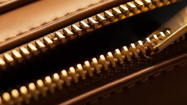 Close-up of a golden zipper on a brown leather bag, showcasing intricate details and craftsmanship.