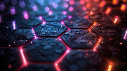 Abstract background with colorful glowing hexagons on dark blue gradient, big data and cyber tech concept in night sky wireframe
